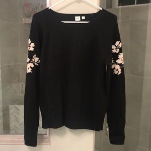 Black Gap Sweater with Pink Floral Sleeve Detail